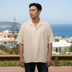 Pussers Mens XL Cream Flower Embroidered Short Sleeve Silk Blend Button Up Shirt